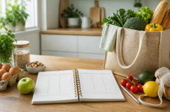 Блокнот с недельным меню и продукты на кухонном столе